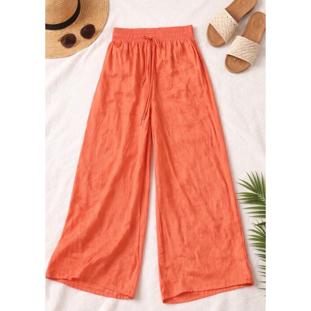 Joie Satin Wide Leg Pants Women XS Coral Orange Pull On Crinkle Beach Boho